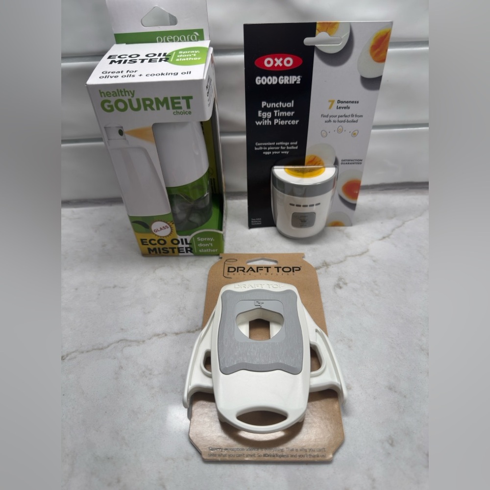 Prepara Glass Eco Oil Mister, Draft Top Can Opener, Oxo Punctual Egg Timer